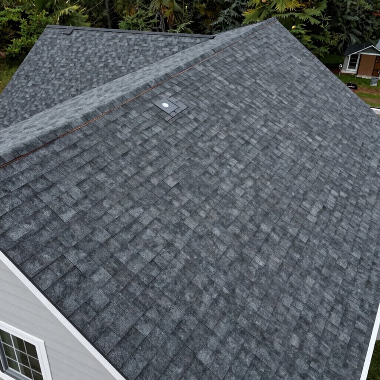 A birds-eye view of a perfectly installed shingle roof on a North American family home, emphasizing precision and quality.