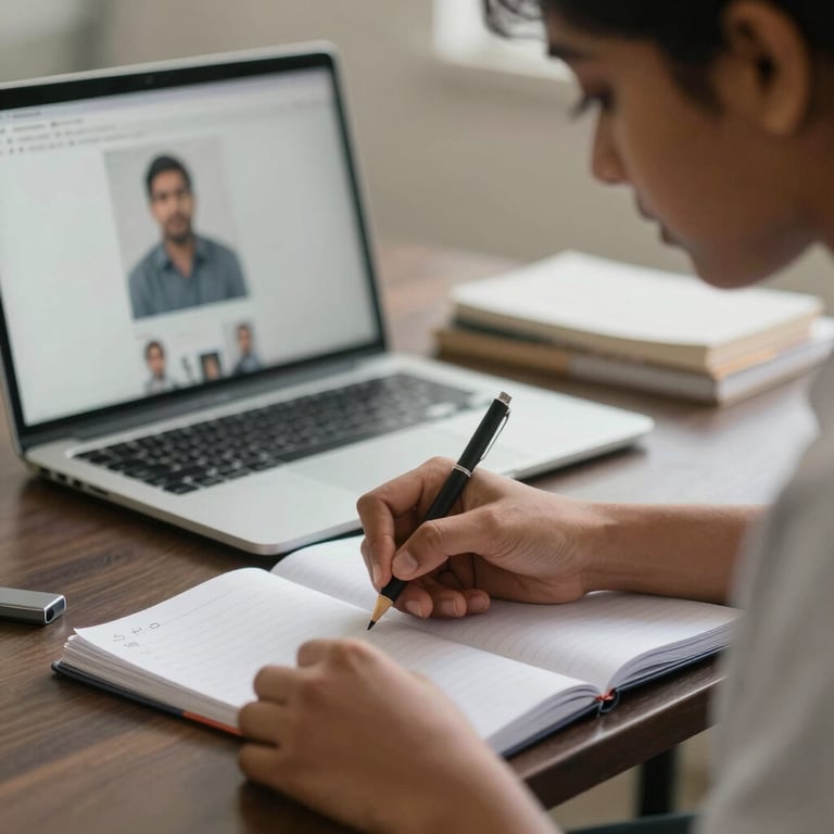 A South Asian student's hands taking diligent notes in a notebook during a live online lecture, with a laptop in the background.
