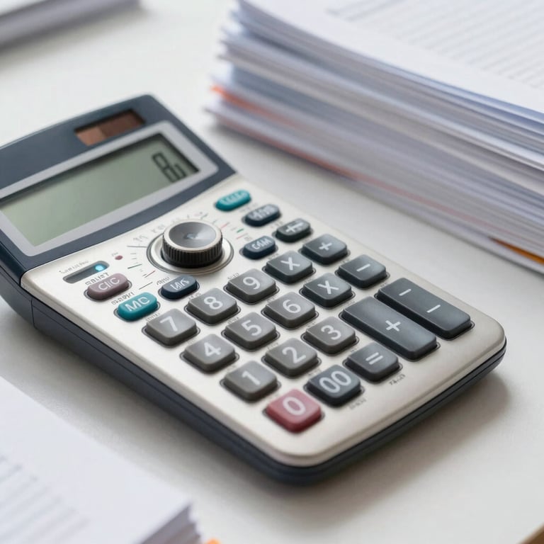 Close-up of a scientific calculator and neat piles of study materials on a clean desk surface, professional photography style.