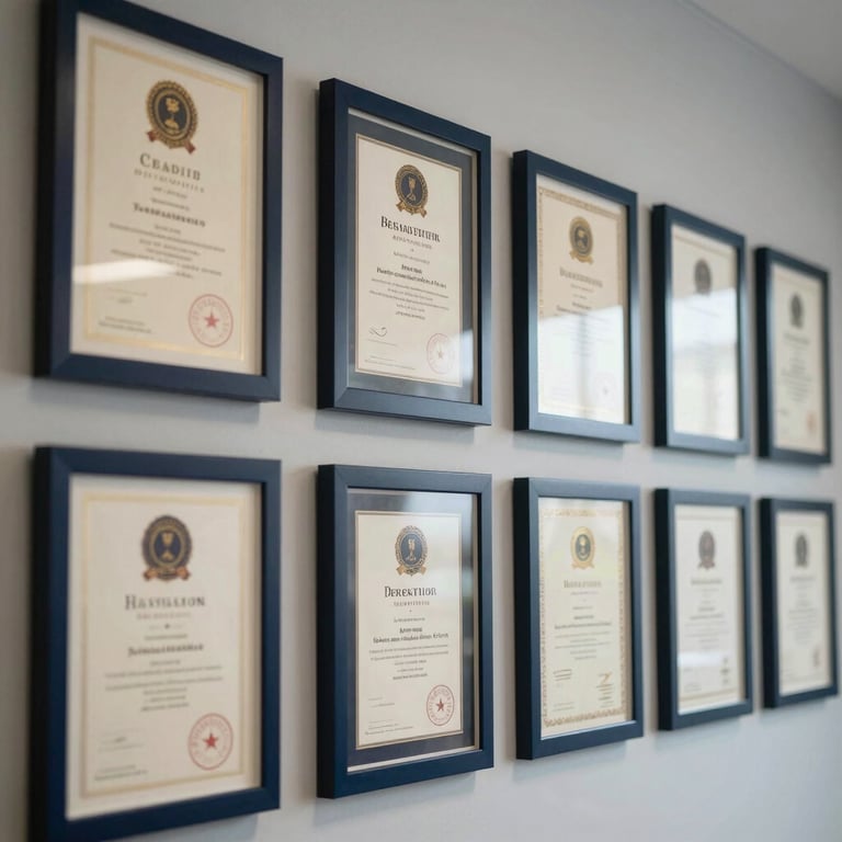 A row of academic degrees and certificates framed on a wall with navy blue and light gray highlights.