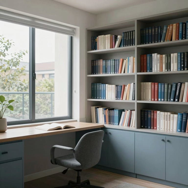 A bright, modern home-study room with a large window and organized shelves of academic journals, light gray and blue color palette.