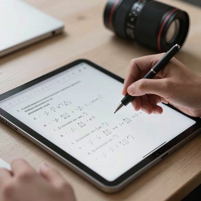 A professional workspace featuring a tablet and digital pen used for solving complex quantitative aptitude equations, soft morning light.
