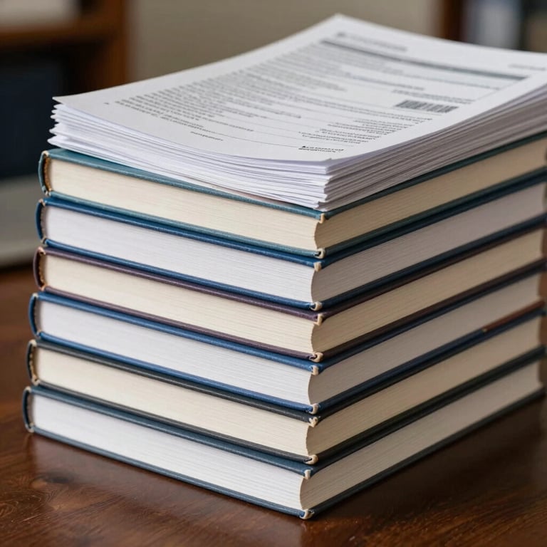 A close-up of thick financial accounting and economics textbooks stacked on a dark wooden desk in a South Asian academic study.
