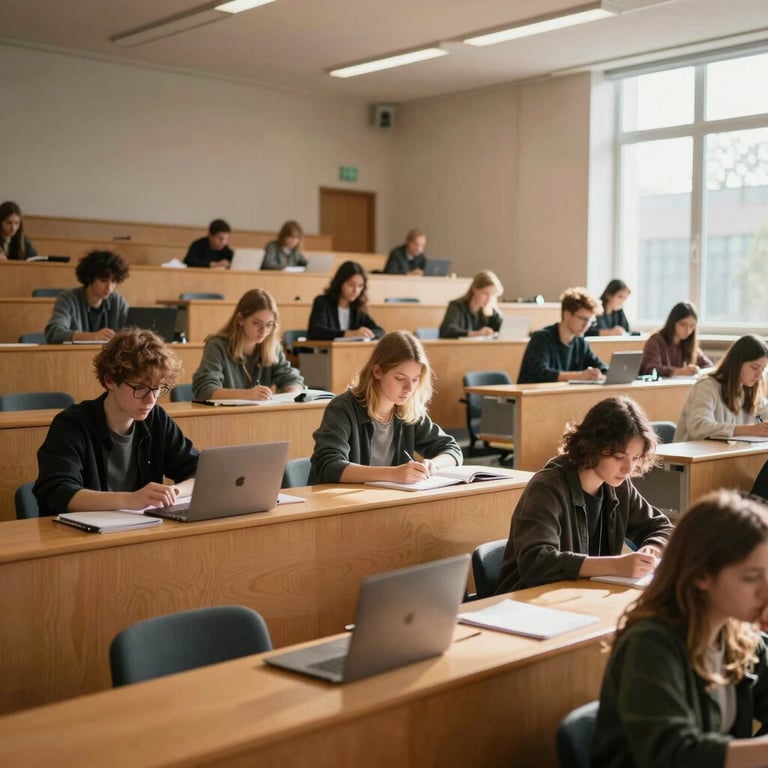 A sunlit lecture hall in a traditional German university with students and modern technology.