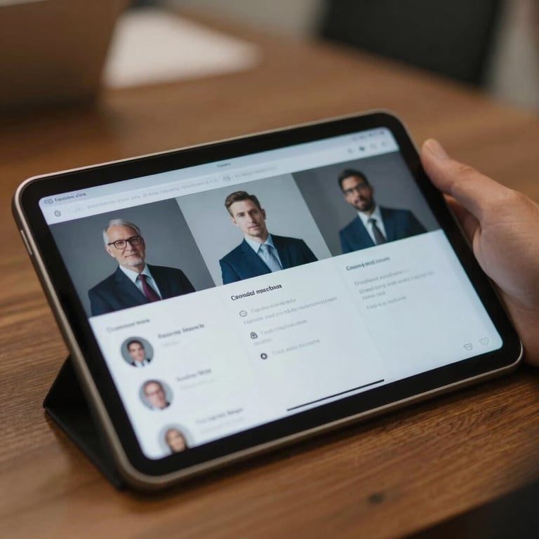 A close-up of a tablet displaying a professional communication interface in a meeting room.