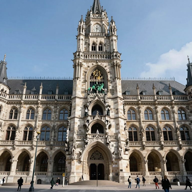 The grand entrance of a German city hall, representing authority and community.