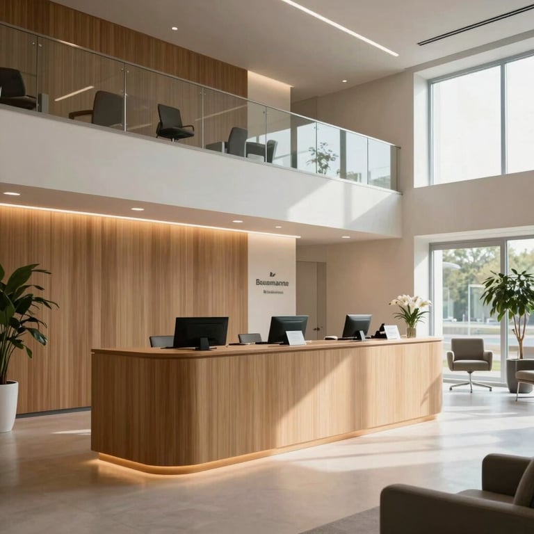 An elegant reception area of a modern German health department office.