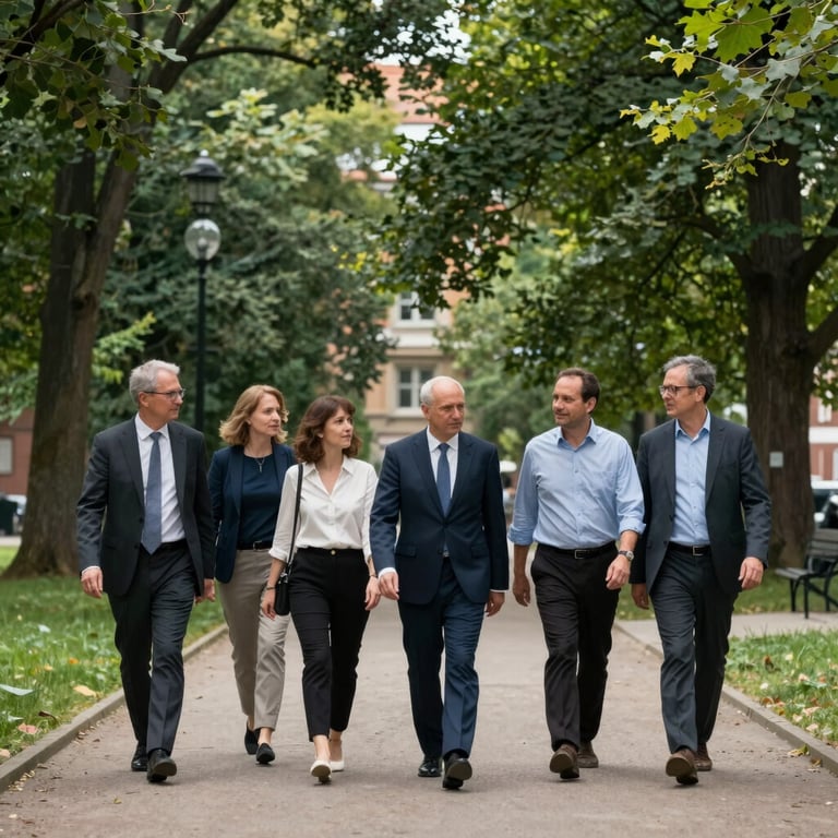 A group of professionals walking through a lush university park in Central Europe.