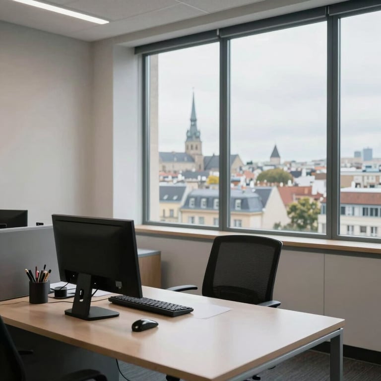 A clean, professional administrative office with a view of a European cityscape.