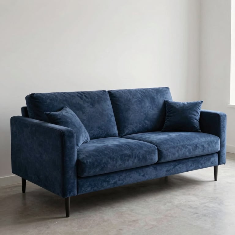 A beautifully restored modern navy blue sofa sitting in a sunlit, clean-lined living room.