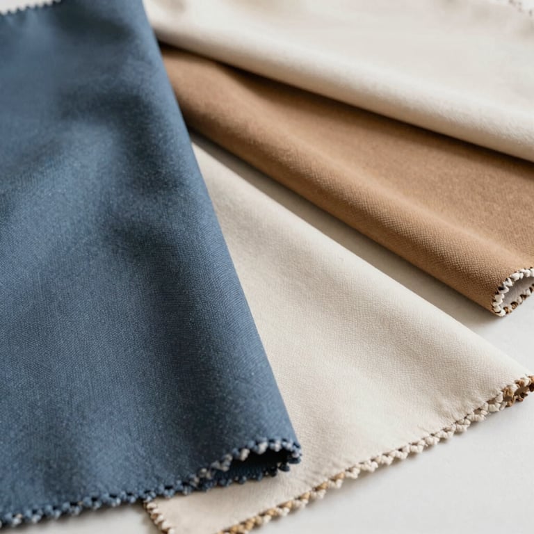 A selection of luxury fabric swatches in slate blue, tan, and cream colors laid out on a clean surface in a North American home.