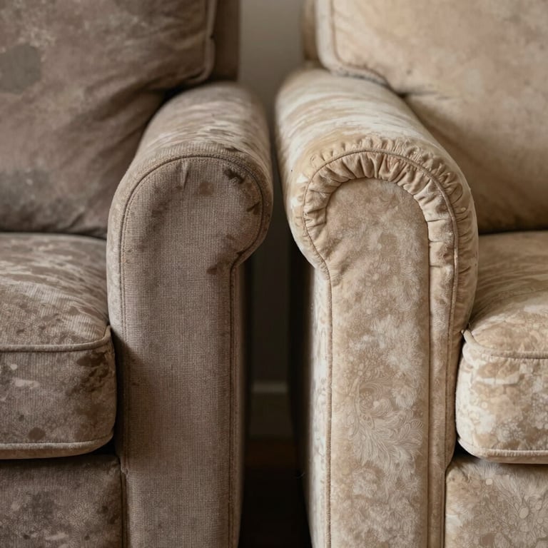 A split shot showing a worn-out sofa arm on the left and a perfectly restored, plush upholstered arm on the right.