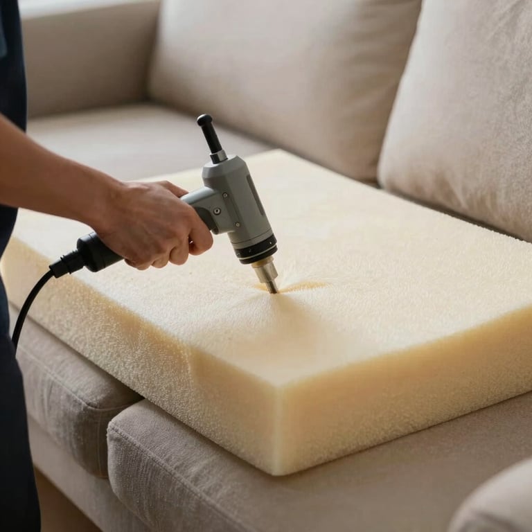 A professional technician using a specialized tool to insert high-density foam into a sofa cushion, ensuring comfort.