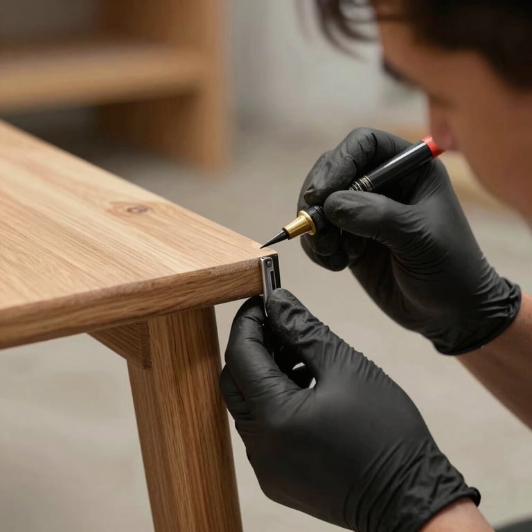 Close-up of a technician applying a professional finish to a wooden furniture leg, showcasing attention to detail.