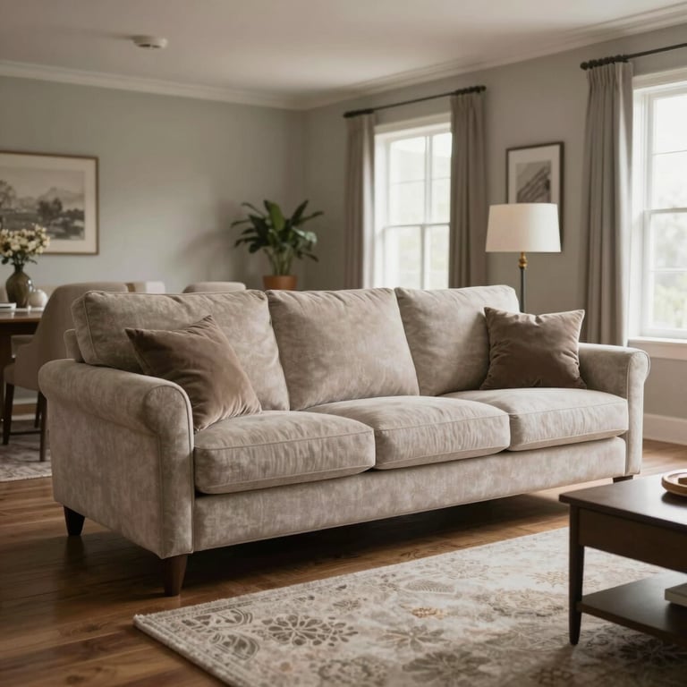 A wide shot of a clean, sophisticated North American living room featuring a sofa that looks brand new after on-site service.