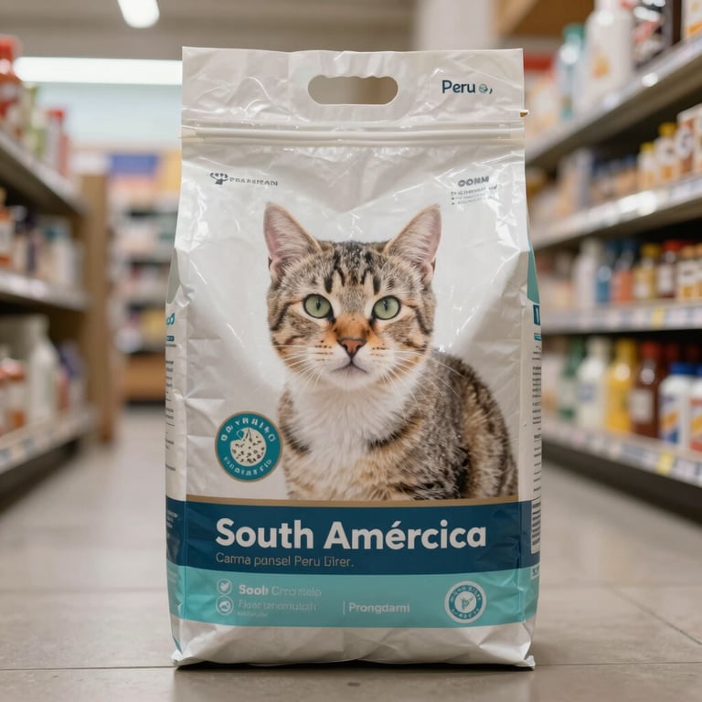 Close-up of premium cat litter packaging in a modern retail setting in South America / Peru, with soft natural light.