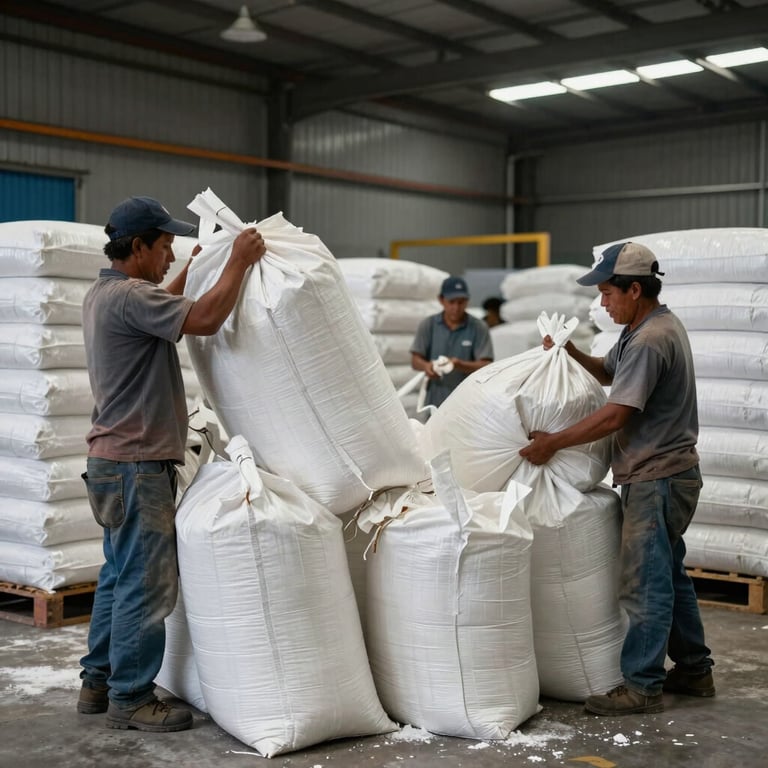 Industrial workers in a South American / Peruvian facility loading large white bags of bentonite for shipping, showing robust logistics capacity.