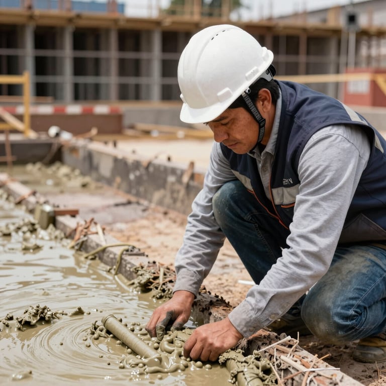 A South American / Peruvian civil engineer wearing a white hard hat and a vest with Dark Navy accents, inspecting a construction foundation with bentonite slurry.