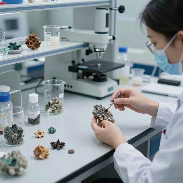 Professional laboratory testing of mineral samples in a South American / Peruvian facility, using modern glassware and equipment under bright lighting.