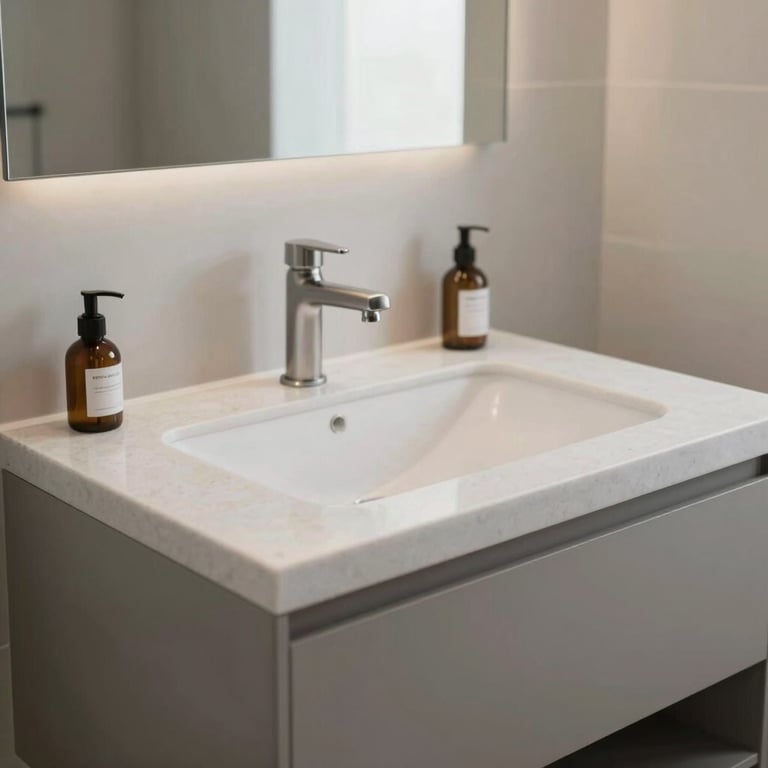A modern bathroom vanity made from premium 'Epiq' quartz in a minimalist setting.