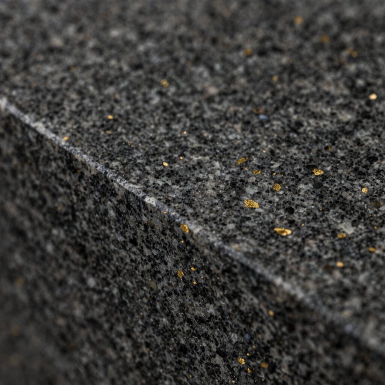 Macro photography of 'Ismira' collection granite texture showing gold flecks against dark stone.