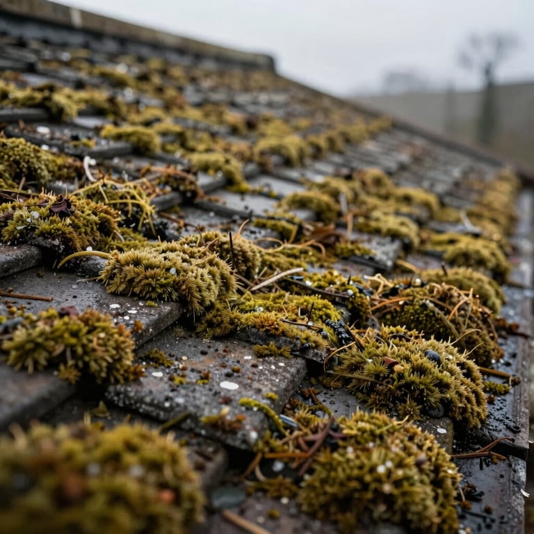 The before and after contrast of a roof section being cleaned and treated for moss.