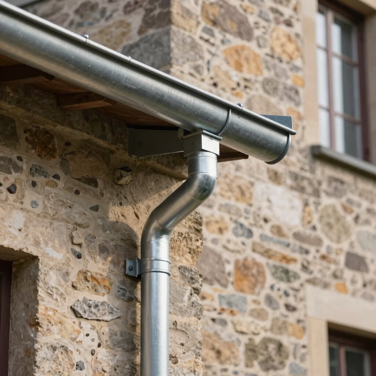 Close-up of a perfectly installed zinc gutter system on a renovated stone building.