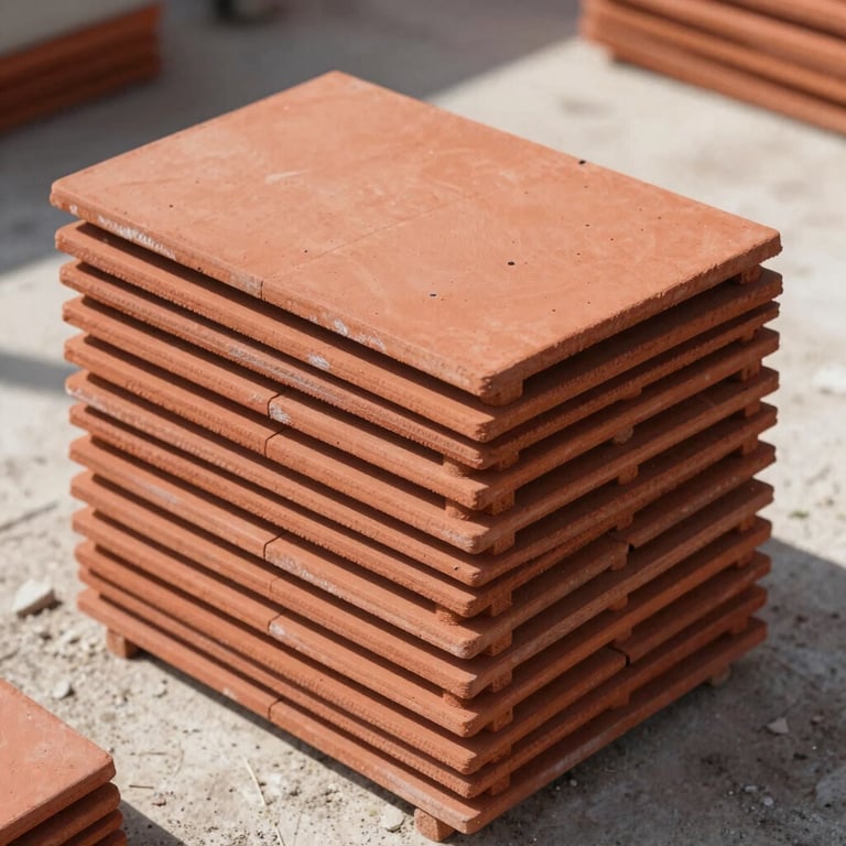 A stack of new red clay tiles ready for installation on a Central European / French construction site, bright daylight.