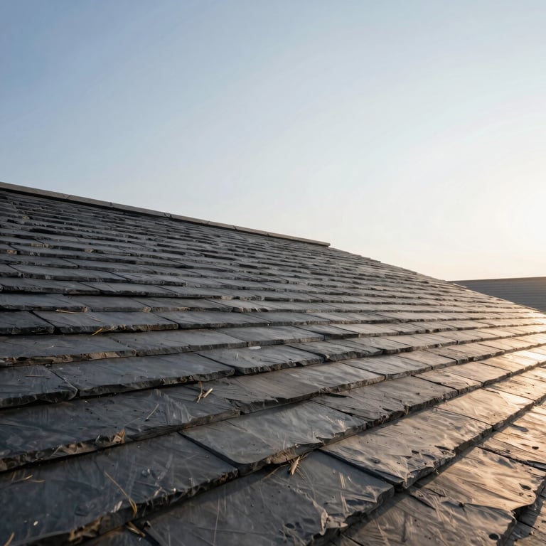 Wide view of a clean, finished slate roof under a clear morning sky.