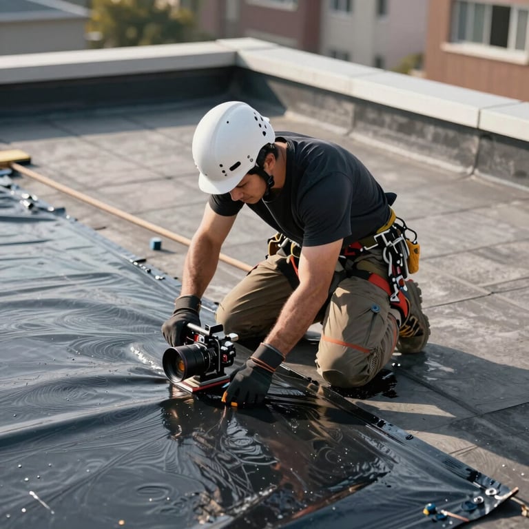A roofer applying waterproof membrane to a flat roof terrace with professional equipment.