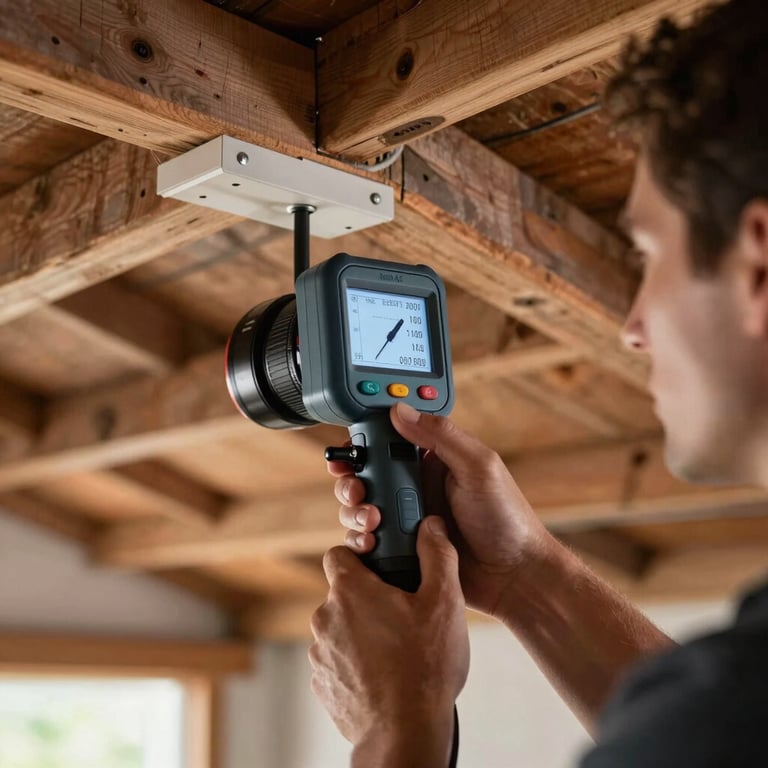 A professional technician using a high-precision moisture meter on an attic wall.