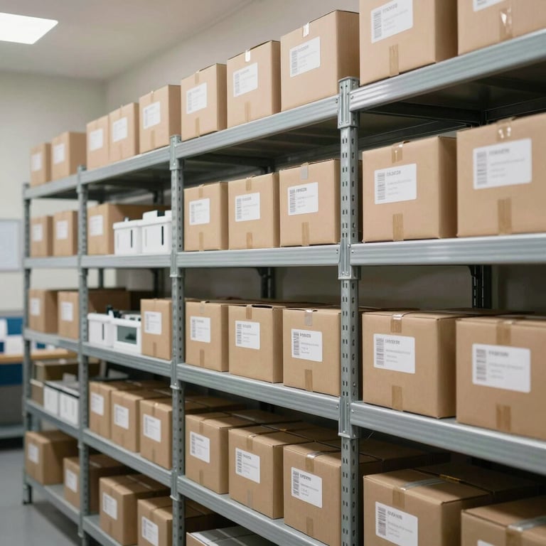 Organized warehouse shelving holding labeled boxes of medical furniture parts, clean steel racks, bright neutral clean-room lighting.