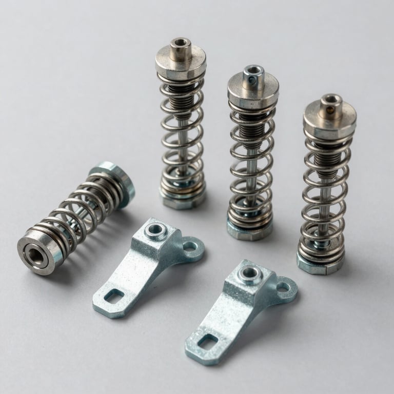 Macro shot of clean, heavy-duty mechanical gas springs and steel brackets laid out on a sterile gray surface, bright neutral lighting