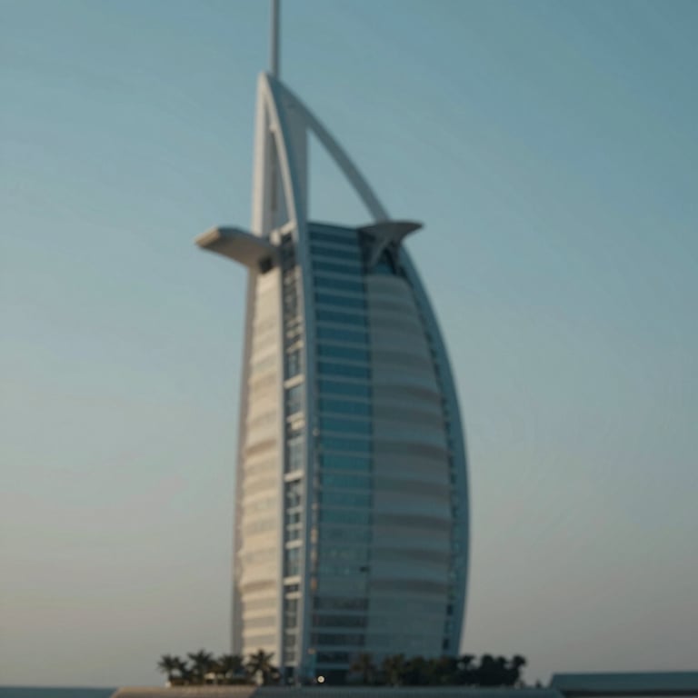 A clean view of a modern Saudi architectural silhouette against a pale blue sky, cinematic style.