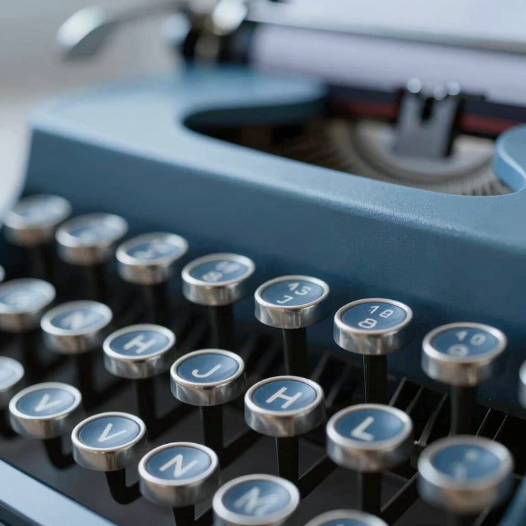 A minimalist typewriter key focus, elegant and professional, using #0A1C3B blue tones.