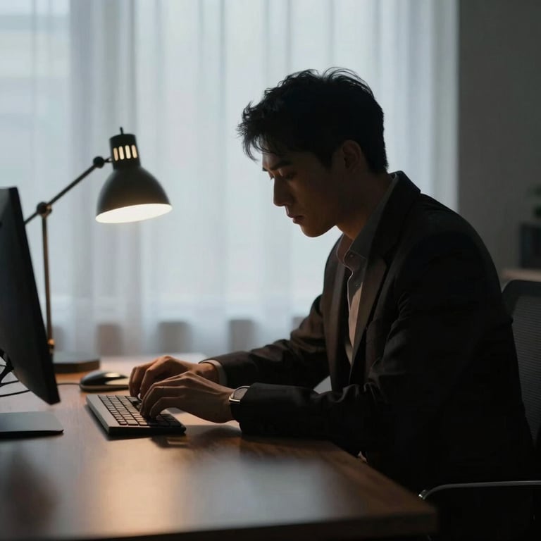 A professional silhouette of a writer's desk with a focused lamp light, moody and sophisticated.