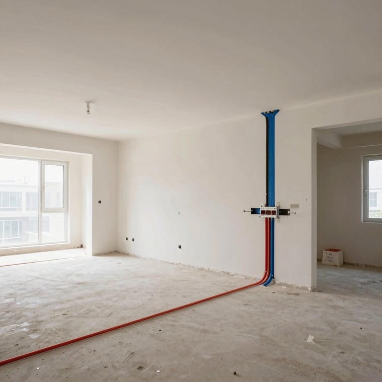 A bright, wide-angle shot of a newly finished commercial electrical renovation with clean conduits and bright lighting.