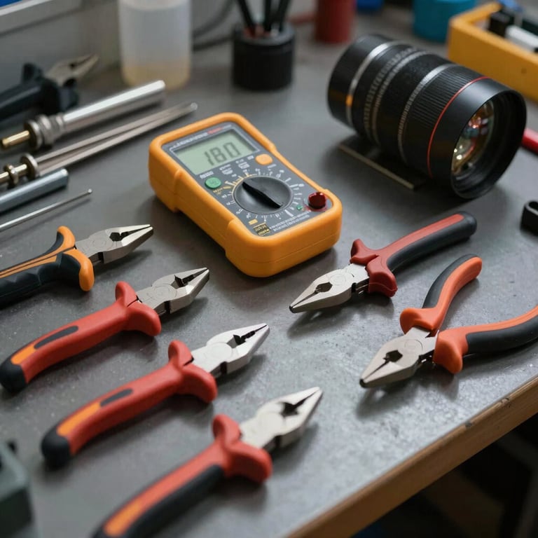 Precision tools like multimeters and specialized pliers arranged on a dark workbench in a professional shop.