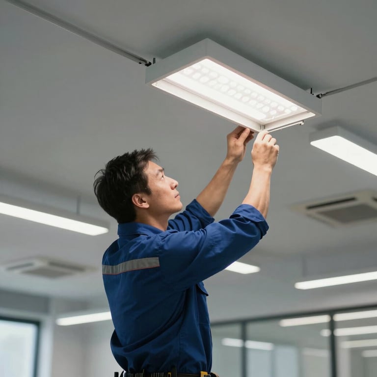 A commercial electrician installing energy-efficient LED lighting in a modern high-ceiling office space.