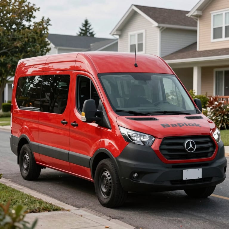 A professional service van with red and black branding parked in a residential North American neighborhood.