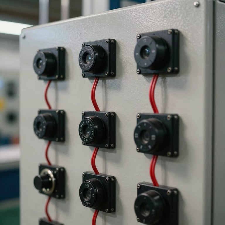 Detail of a meticulously wired control panel in a North American factory, featuring black components and red wires.