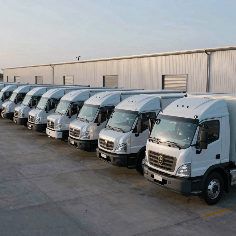 A fleet of modern transport trucks parked in a neat row at a Nebraska terminal under a clear sky, featuring Soft Pearl White and Charcoal Dark Slate colors.