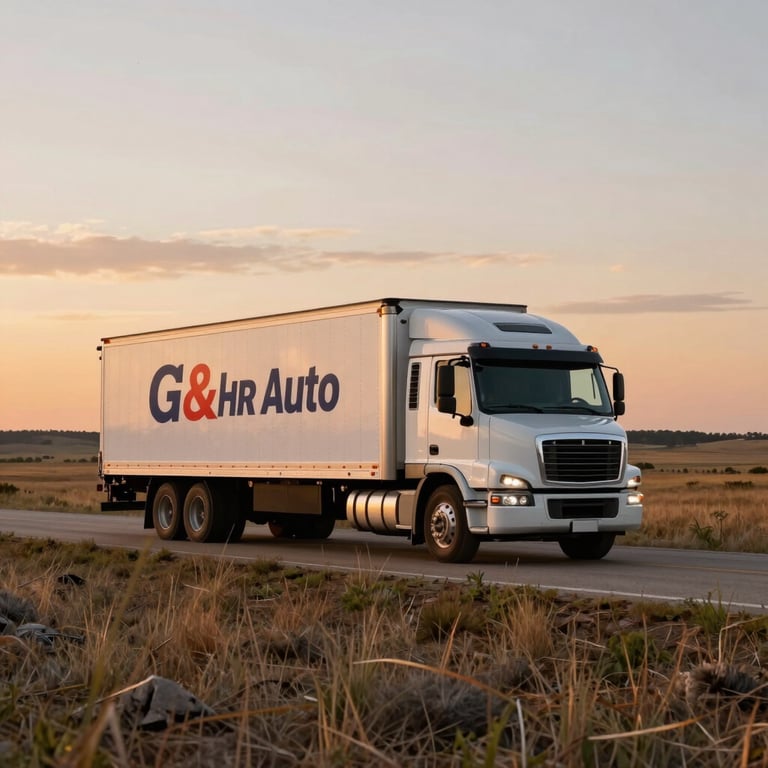 A wide-angle shot of a G&R Auto Transportation truck driving through a scenic Nebraska landscape at sunset.