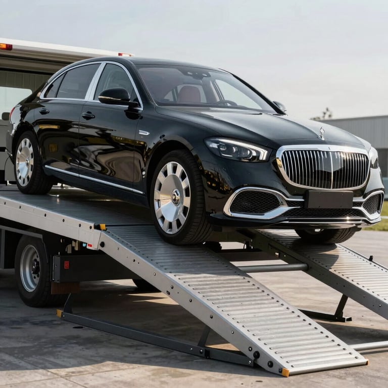 A high-end luxury sedan being carefully driven onto a clean, metallic hydraulic ramp of a transport trailer.