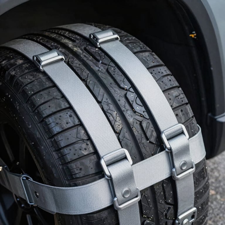 Detailed shot of heavy-duty Cool Silver Gray straps securing a tire to the deck of a car carrier, emphasizing safety.