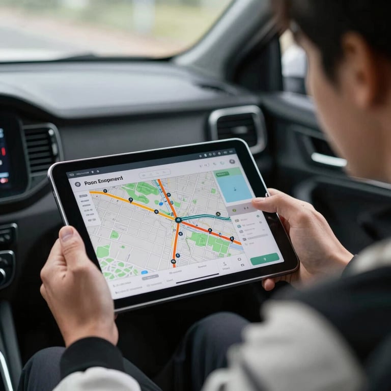 A professional driver checking a digital tablet showing a map and route details, reflecting efficiency and modern technology.