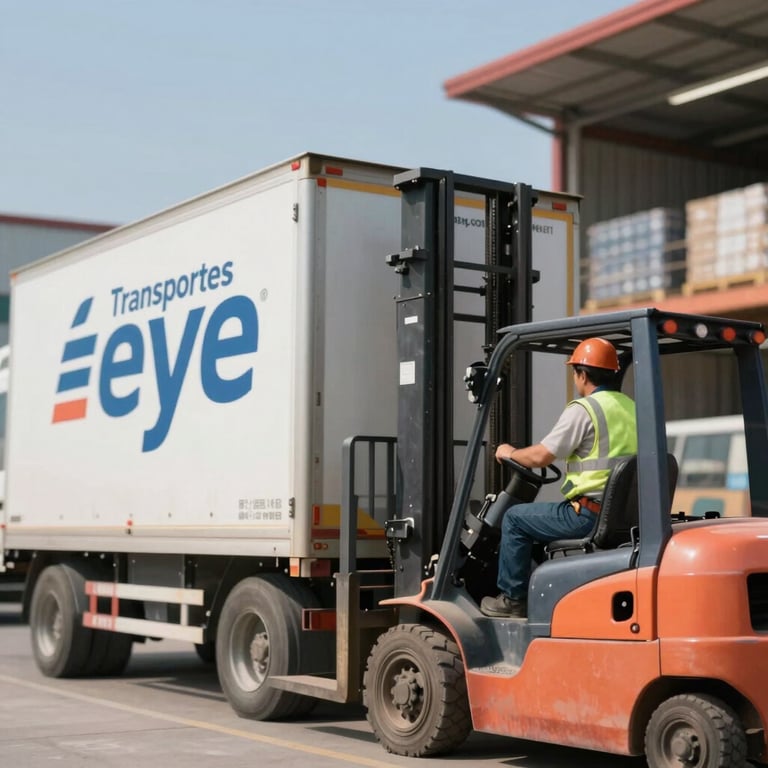 A warehouse worker using a forklift to load a branded Transportes Eye truck under bright midday sun.