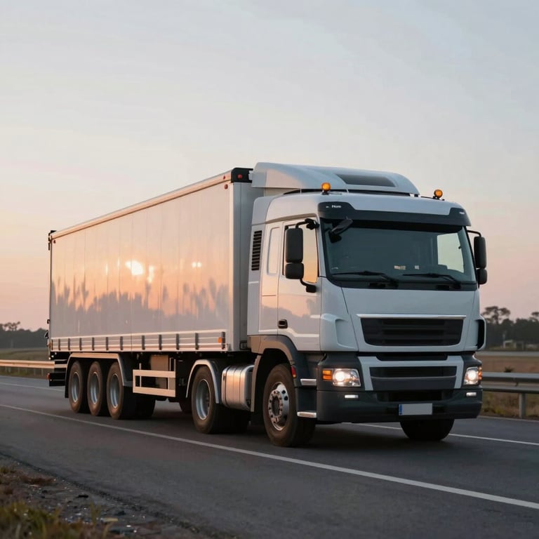 A large heavy-duty transport truck on a highway at sunrise, professional lighting, reflecting #1A2E35 and #F0F4F7 tones.