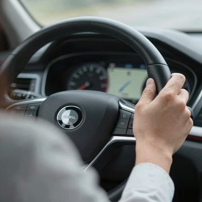 Close-up of a professional driver's hand on a steering wheel with a GPS dashboard visible, suggesting efficiency.