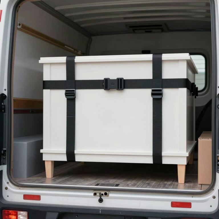 Detailed shot of heavy-duty straps securing furniture inside a clean truck, symbolizing safety and care.